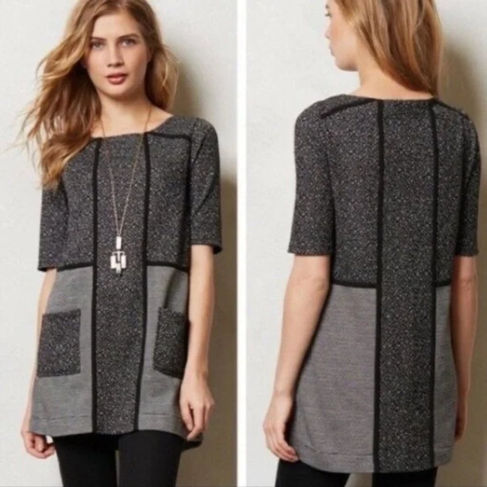 Anthropologie Meadow Rue Mitzie Gray Black Tweed Tunic Shift Dress Small